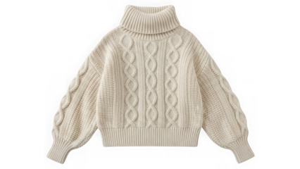 Cozy cream cable knit turtleneck sweater with puffy sleeves isolated on transparent background