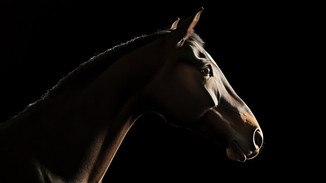 A captivating close-up of a majestic equine figure against a stark black backdrop. The animal's sleek profile, bathed in subtle light, exudes power and grace. Pure equine elegance, isolated.
