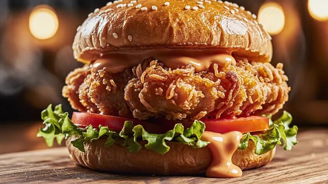 Close up of a delicious fried chicken sandwich on wooden board