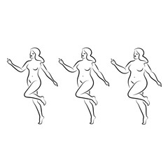 Collection. Silhouette of a beautiful woman figure. The lady is standing. The girl is thin, slender, and the woman is fat. Set of vector illustrations.