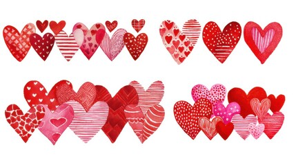 Red and pink watercolor hearts with playful dots, stripes