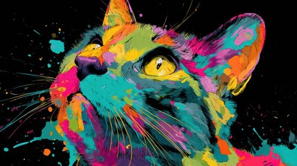 Neon abstract cat illustration of vibrant layered textures