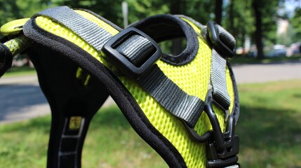 Bright yellow breathable pet harness with adjustable straps and secure buckles for outdoor walks