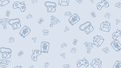 Seamless looping doodle pattern animation with tech icons like wifi, camera, game controller, and online shopping. Modern digital background for motion graphics and UI visuals.