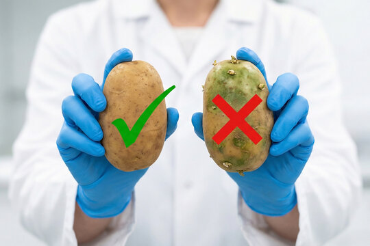 Concepto comparativo de seguridad alimentaria que muestra una papa sana aprobada con una marca de verificaci&oacute;n verde frente a un tub&eacute;rculo de solanina t&oacute;xico rechazado con un s&iacute;mbolo de cruz roja.