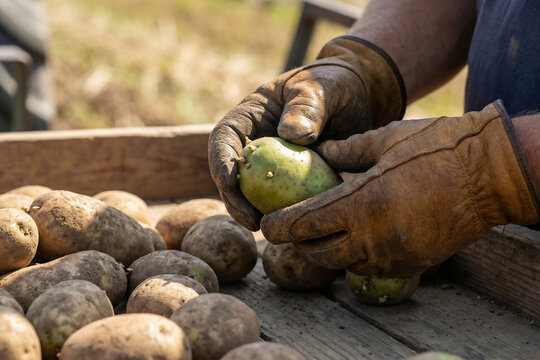 Farmer hands in leather gloves sorting harvested potatoes on wooden table and removing toxic green tuber containing solanine to ensure food safety
