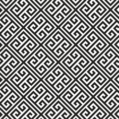 Black and white geometric seamless pattern with repeating Greek key motif. Ideal for background design, wallpaper, textile, packaging, branding, and modern decorative concepts