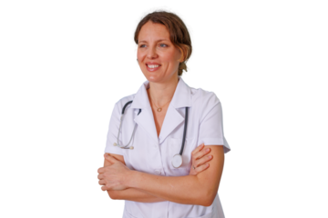 Smiling female doctor with stethoscope on transparent background, showing confidence and healthcare professionalism
