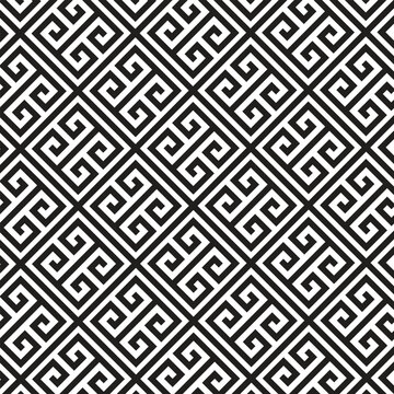 Black and white geometric seamless pattern with repeating Greek key motif. Ideal for background design, wallpaper, textile, packaging, branding, and modern decorative concepts
