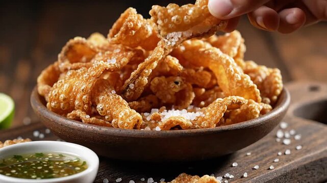 Close up of crispy fried snacks in bowl with hand taking a piece
