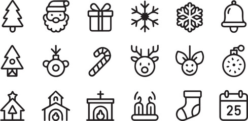 Minimal black Christmas and winter holiday icon set with festive symbols for seasonal design