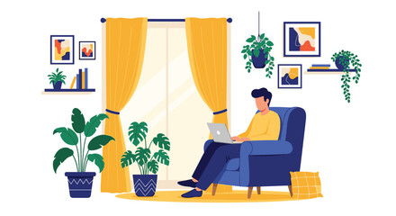 Fototapeta premium Young man working from home on his laptop, sitting comfortably in an armchair in a stylish and cozy living room interior.