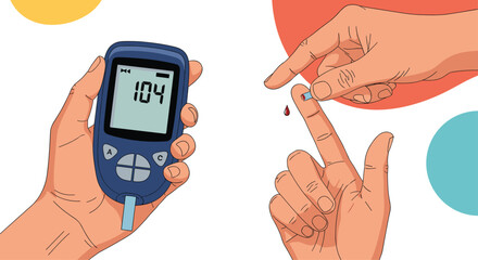 Medical illustration showing the process of checking blood sugar levels using a glucometer for diabetes management at home.