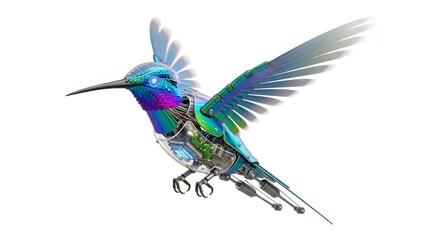 Obraz premium Mechanical hummingbird with iridescent feathers flying isolated on white background