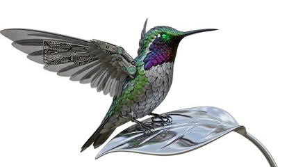 Obraz premium Detailed metal hummingbird sculpture perched on a leaf isolated on white background