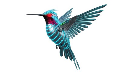 Obraz premium Beautiful iridescent blue hummingbird in flight isolated on white background