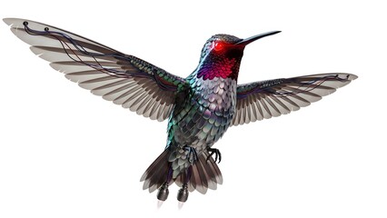 Obraz premium Anna s hummingbird in flight with iridescent feathers isolated on white background