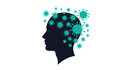 Conceptual illustration of the psychological impact of a pandemic, showing a human head silhouette filled with viruses.