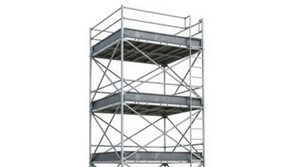 Galvanized mobile scaffolding tower structure for construction work isolated on transparent background