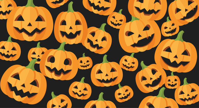 Spooky and fun seamless pattern of carved pumpkin jack-o'-lanterns with various expressions for a Halloween background. - Powered by Adobe