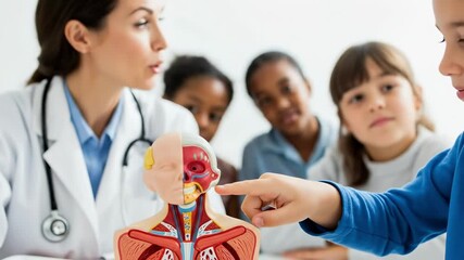 A diverse group of young students, including a child, engages in an interactive anatomy lesson, pointing at a detailed model of the human head that showcases internal structures and organs. - Powered by Adobe