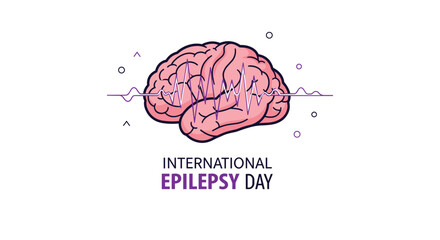 Medical awareness concept for International Epilepsy Day featuring a human brain with an electrical activity waveform.
