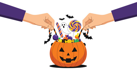 Hands holding a jack-o'-lantern bucket filled with colorful candy, ghosts, and bats for a fun Halloween celebration.