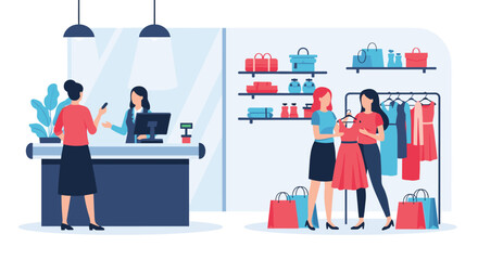 Women shopping for clothes in a fashion boutique while another customer pays at the checkout counter with the cashier.