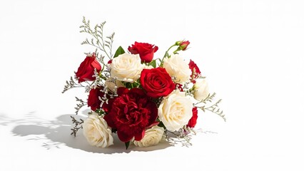 A bouquet of red and white roses with greenery on a white background