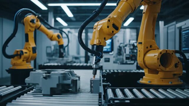 Robotic arms welding sparks production