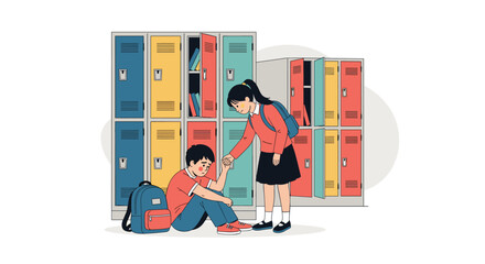 Young schoolgirl showing kindness and empathy by helping a sad boy who is being bullied and sitting by the lockers.
