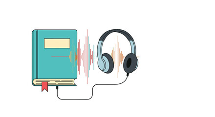 Audiobook concept illustration with a pair of headphones plugged into a book, with a soundwave graphic in between them.
