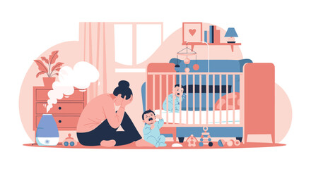 Stressed and exhausted mother experiencing postpartum depression, sitting overwhelmed while her twin babies are crying.