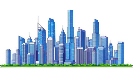 Modern city skyline with blue skyscrapers and green ground isolated on white isolated on transparent background