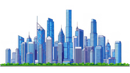 Modern city skyline with blue skyscrapers and green ground isolated on white isolated on transparent background