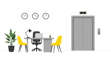 Modern and minimalist office reception or waiting area with a desk, chairs, a plant, and an elevator in the lobby.