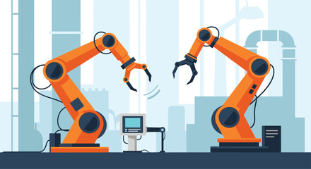 Two orange robotic arms working together on an assembly line in a modern smart factory, illustrating industrial automation.