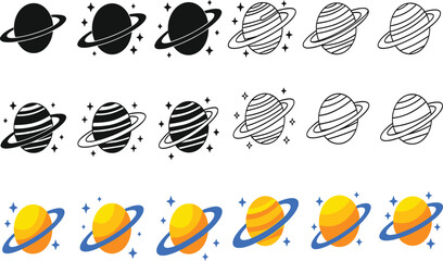 Saturn Planet Icon Set in Outline, Solid and Color Styles Showing Ringed Space Symbols for Astronomy, Science and Modern Graphic Design © Shadhona