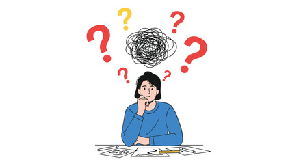 Confused person sitting at a desk with question marks and a tangled scribble overhead, representing anxiety and overthinking.