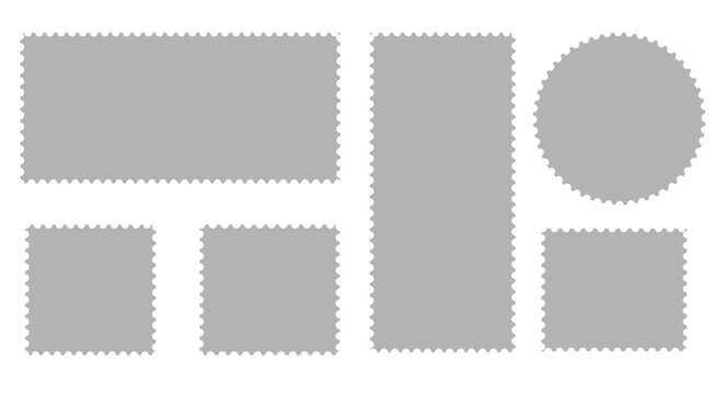 Postage stamp set. Mockup postage stamps with shadow. Blank postage stamp borders template collection. Realistic trendy post stamps set - stock vector.