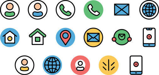 Colorful contact and communication icon set with modern flat style for apps websites and UI design