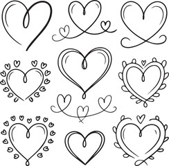 Hand drawn heart doodle collection in black outline style for love themed designs and decor