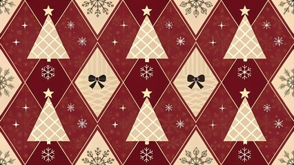Festive Diamond Pattern with Trees, Snowflakes, and Bows – Holiday, Seasonal, Decorative, Wrapping Paper, Winter, Cheerful, Symmetry, Design