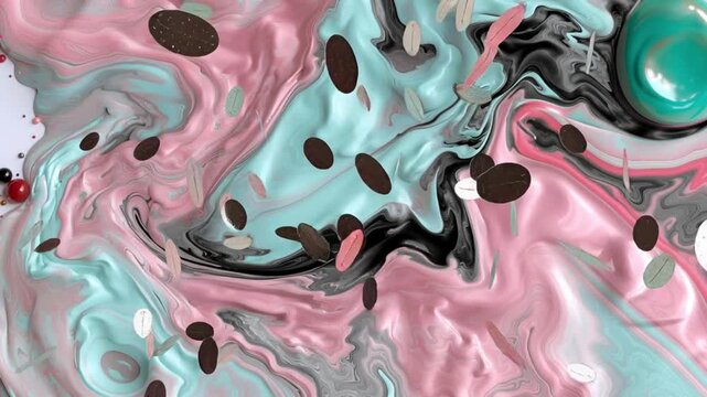 Abstract neon swirl video with sparkling liquid leaves and clouds.