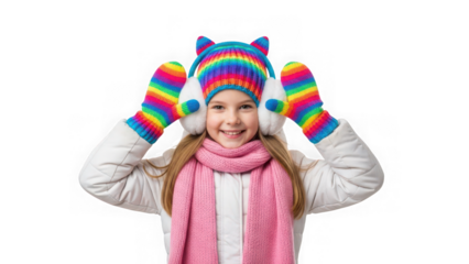 Happy young girl wearing colorful rainbow knitted hat and mittens isolated on transparent background