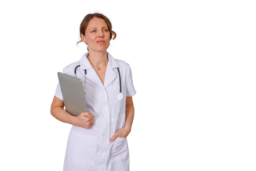 Female doctor or nurse in white coat with stethoscope holding laptop, thinking, medical professional on transparent background
