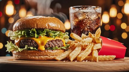 Delicious hamburger with fries and beverage on a tabletop
