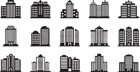 Modern black city building icon set representing urban architecture for business and web design