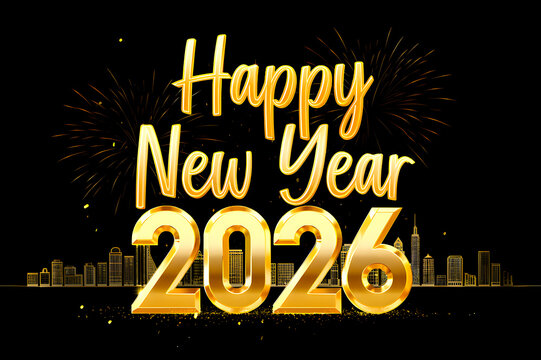 2026 New Year Celebration Background with Gold Text, Lights and Fireworks