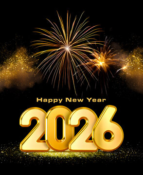 Happy New Year 2026 with Golden Typography and Fireworks on Black Background